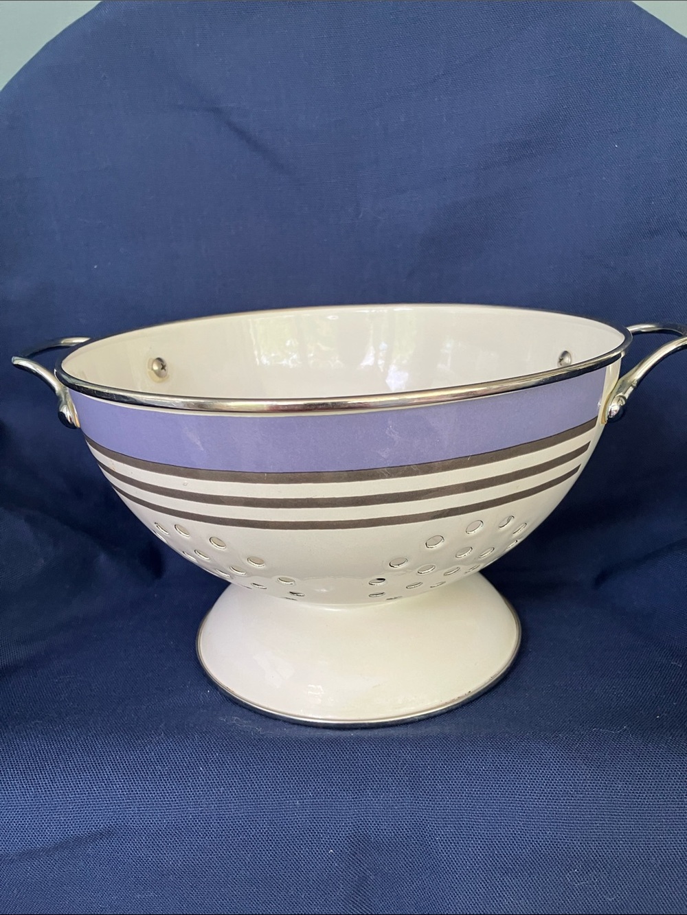 Enamel Footed Colander with Lavender and Gray Accent Bands